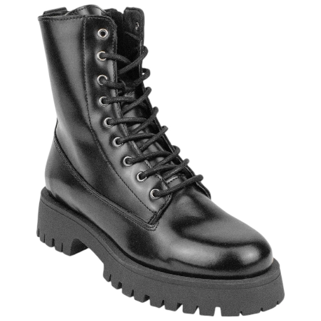 Bota militar de piel negra con plataforma para mujer